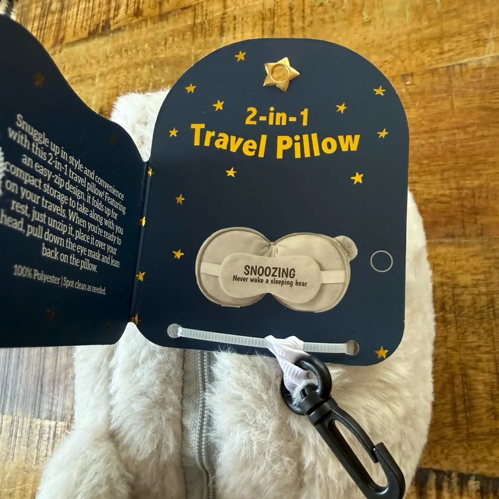 NWT,  2-in-1 Travel Pillow and Eye Mask in a Compact Zippered Bear w/ Clip On‎